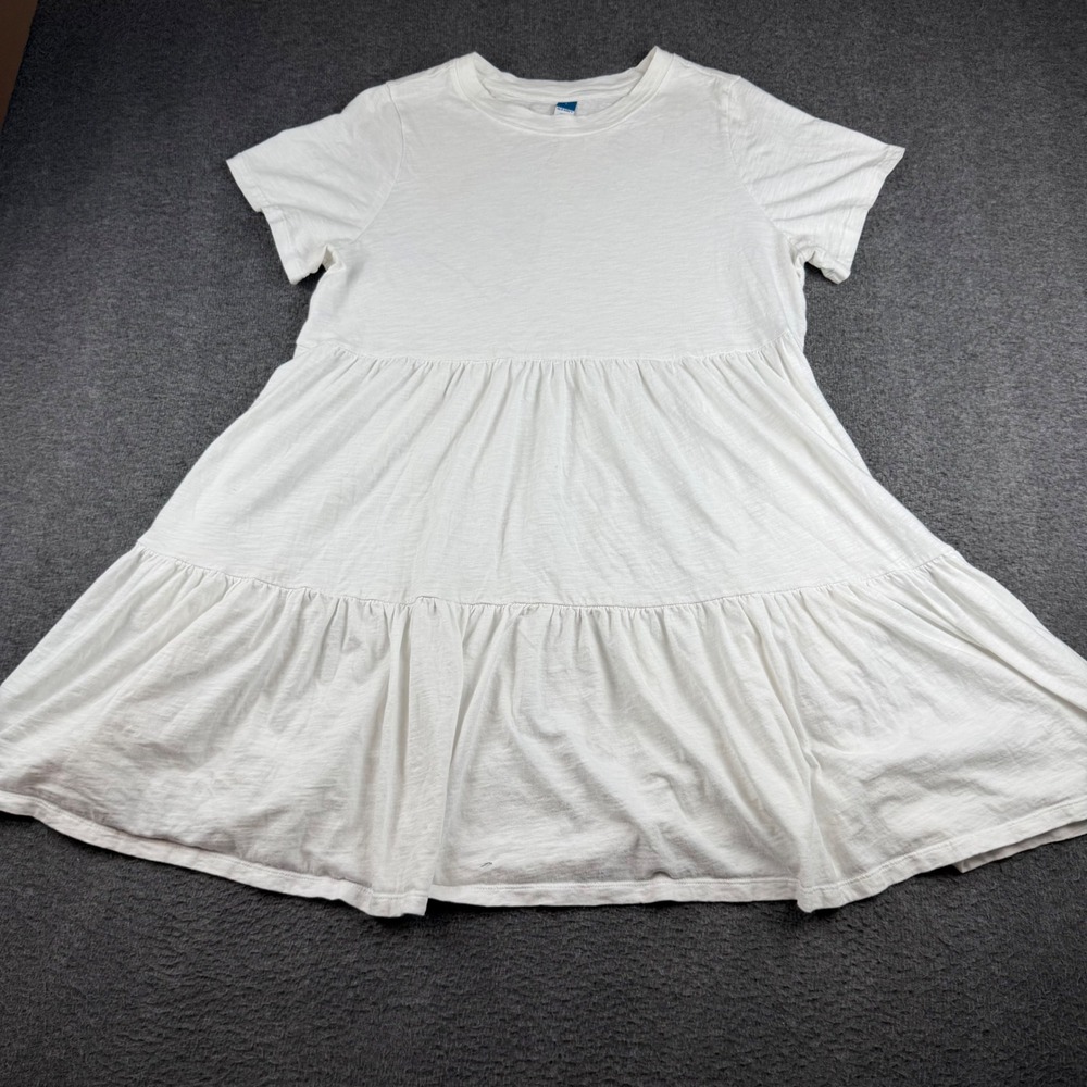Old Navy Babydoll Dress Women's Large White Tiered Short Sleeve Slub Knit Cotton